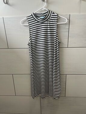 Striped Black & White Sleeveless Mock Neck Dress